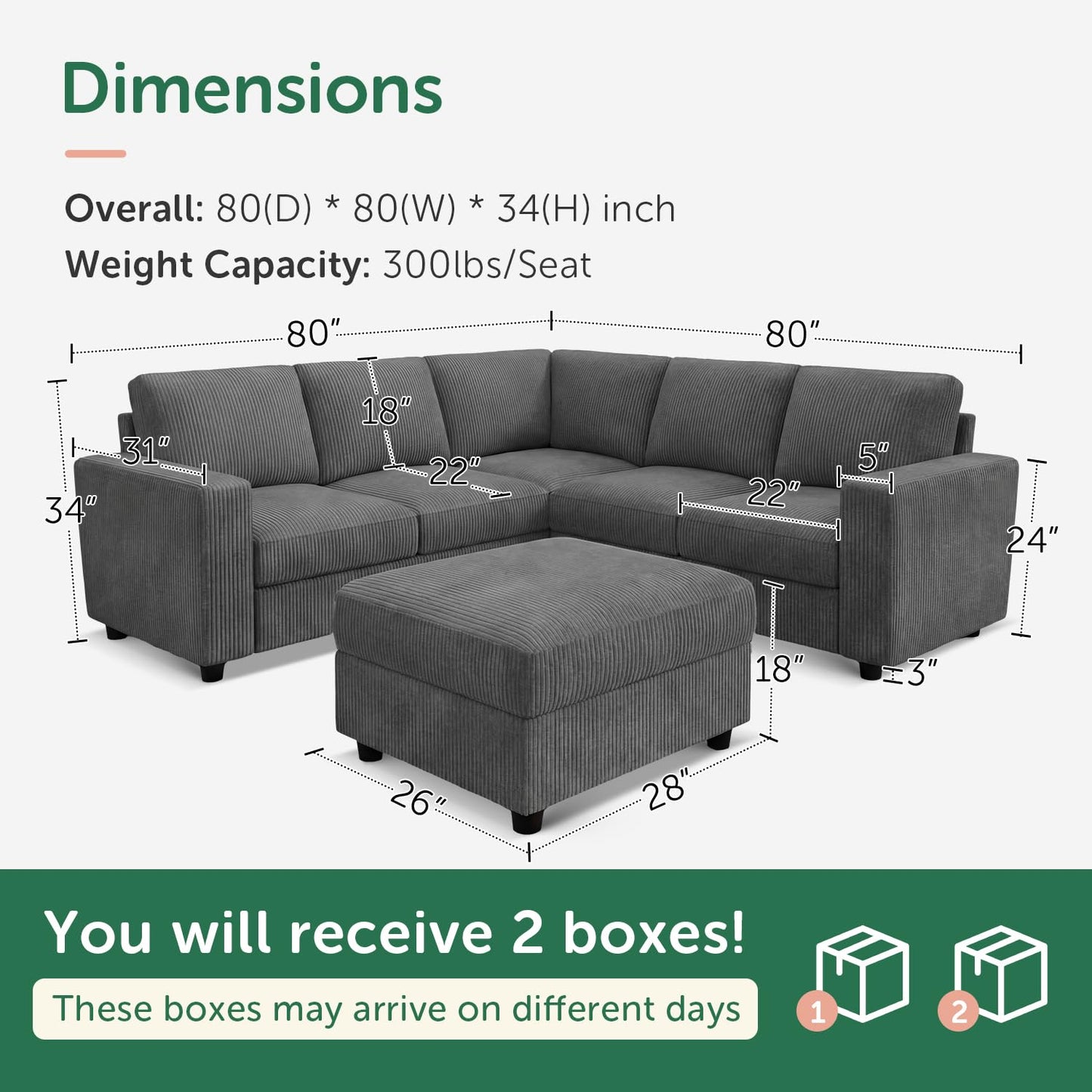 HONBAY Sectional Sofa, 6 Seater L-Shaped Sectional Couch with Storage Ottoman for Living Room, Dark Grey