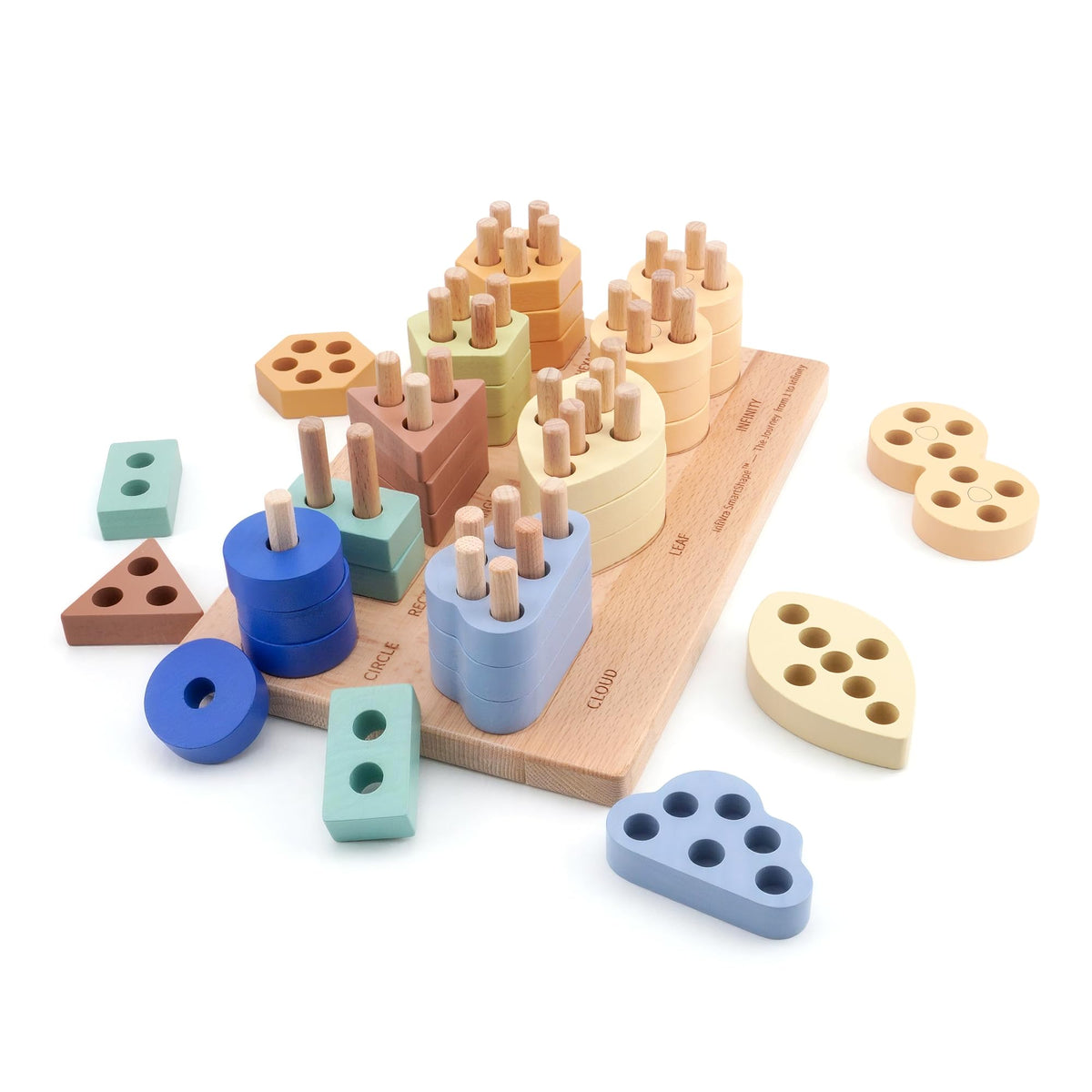 Infivra SmartShape — Montessori Wooden Shape Sorter with Cloud, Leaf & Infinity Shapes, Progressive 1-to-8 Peg Stacking Board for Toddlers 1-5, Fine Motor Learning Toy & Heirloom Gift