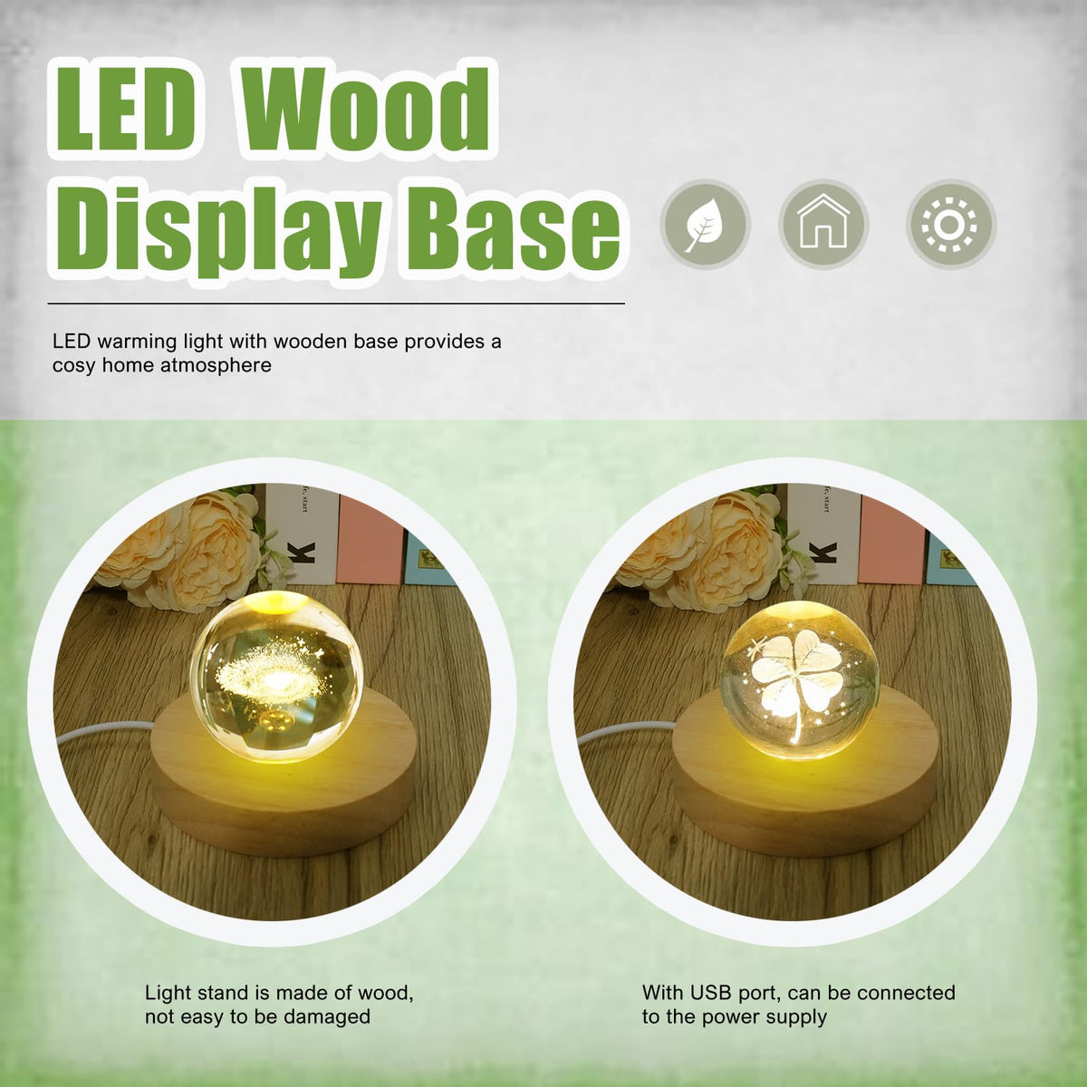 Olutacot 10 Pcs Wooden LED Display Bases Round Wood Display Lighted Bases for Glass Art LED Lighted Display Stand Bases for 3D Crystal Ball Room Office Home Decor