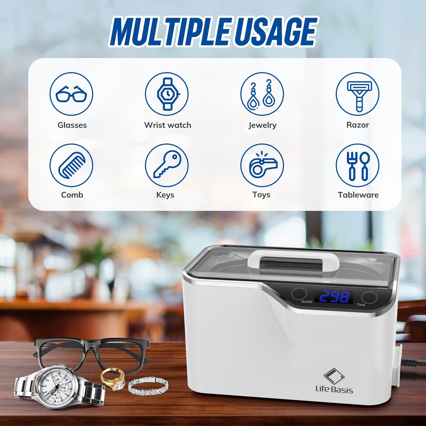 LifeBasis CDS-100 Ultrasonic Cleaner Jewellery Cleaner 600ML 42KHz,Silver Cleaner with Cleaning Basket Watch Stand for Jewelry Necklace Ring Glass Watch Denture Guin-ness Surger Cans（White）