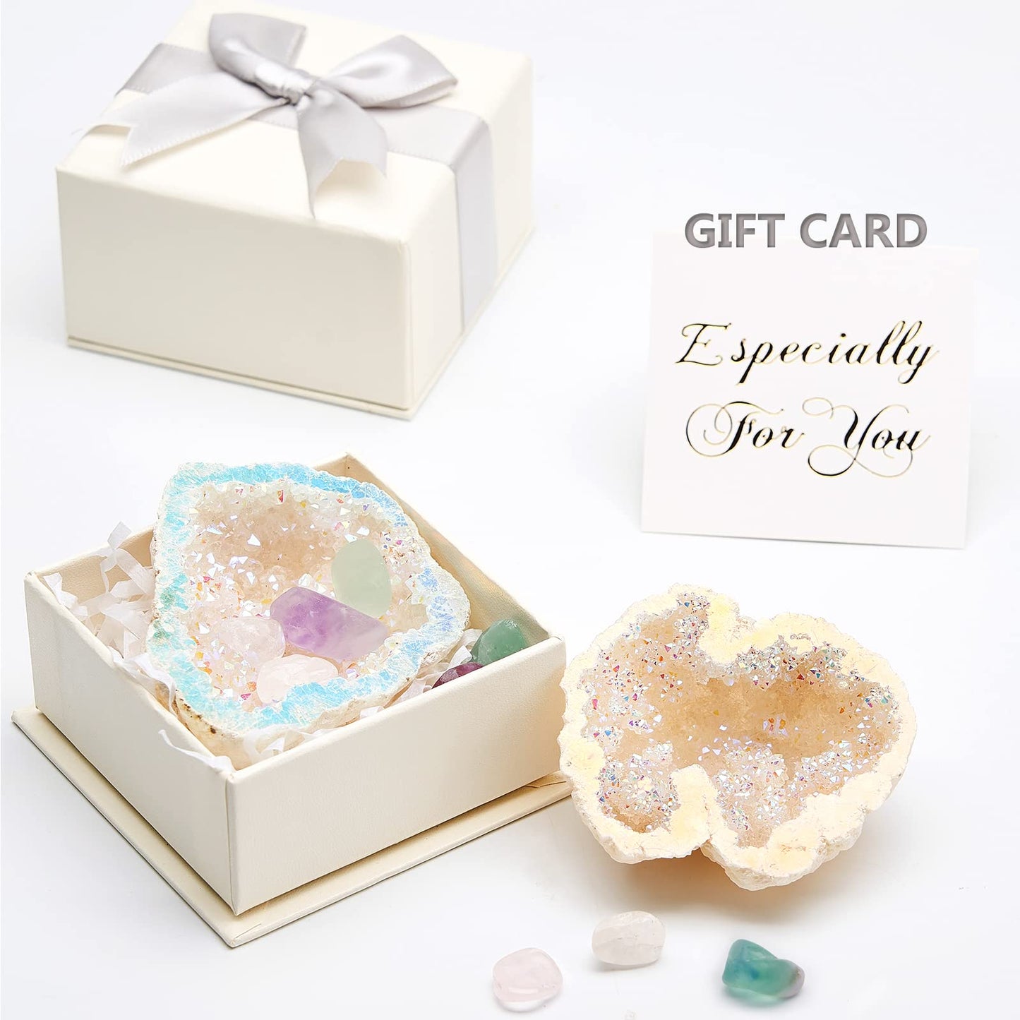 Yougoals Natural Geode Quartz Crystals,Rainbow Titanium Coated Quartz Specimen,White Geode Rainbow Crystal Cluster Natural Crystals and Healing Stones Decor 1PK Angel Aura Quartz