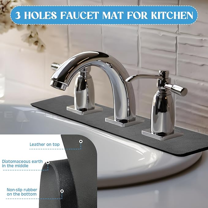 Tioncy 2 Pcs 3 Hole Faucet Mat for Kitchen Sink Kitchen Faucet Absorbent Mat