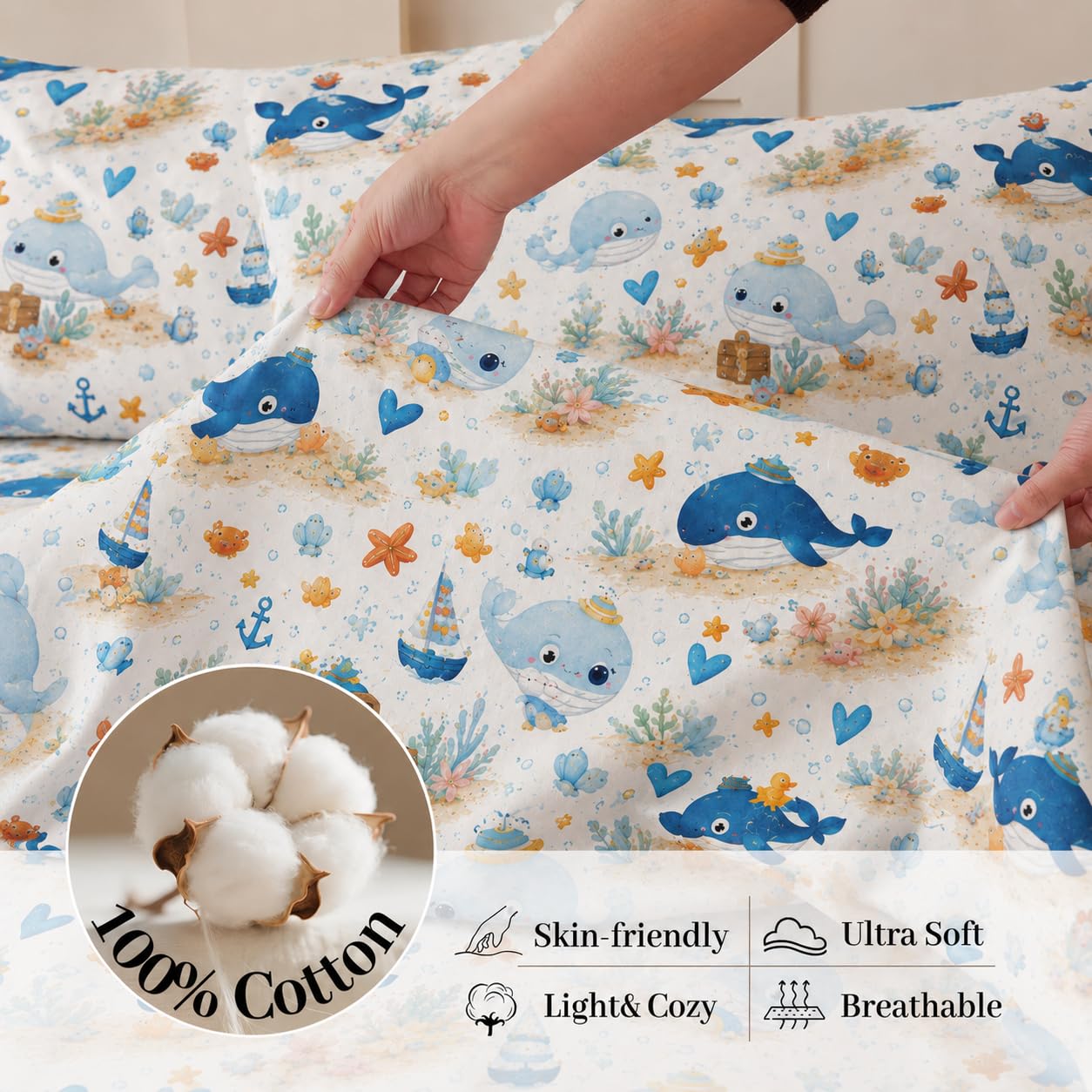 YIYEA 100% Cotton Kids Sheets, Ultra Soft Cozy Cute Bed Sheets Set for Girls, Boys, Teens, 16" Deep Pocket, 3PC, Twin