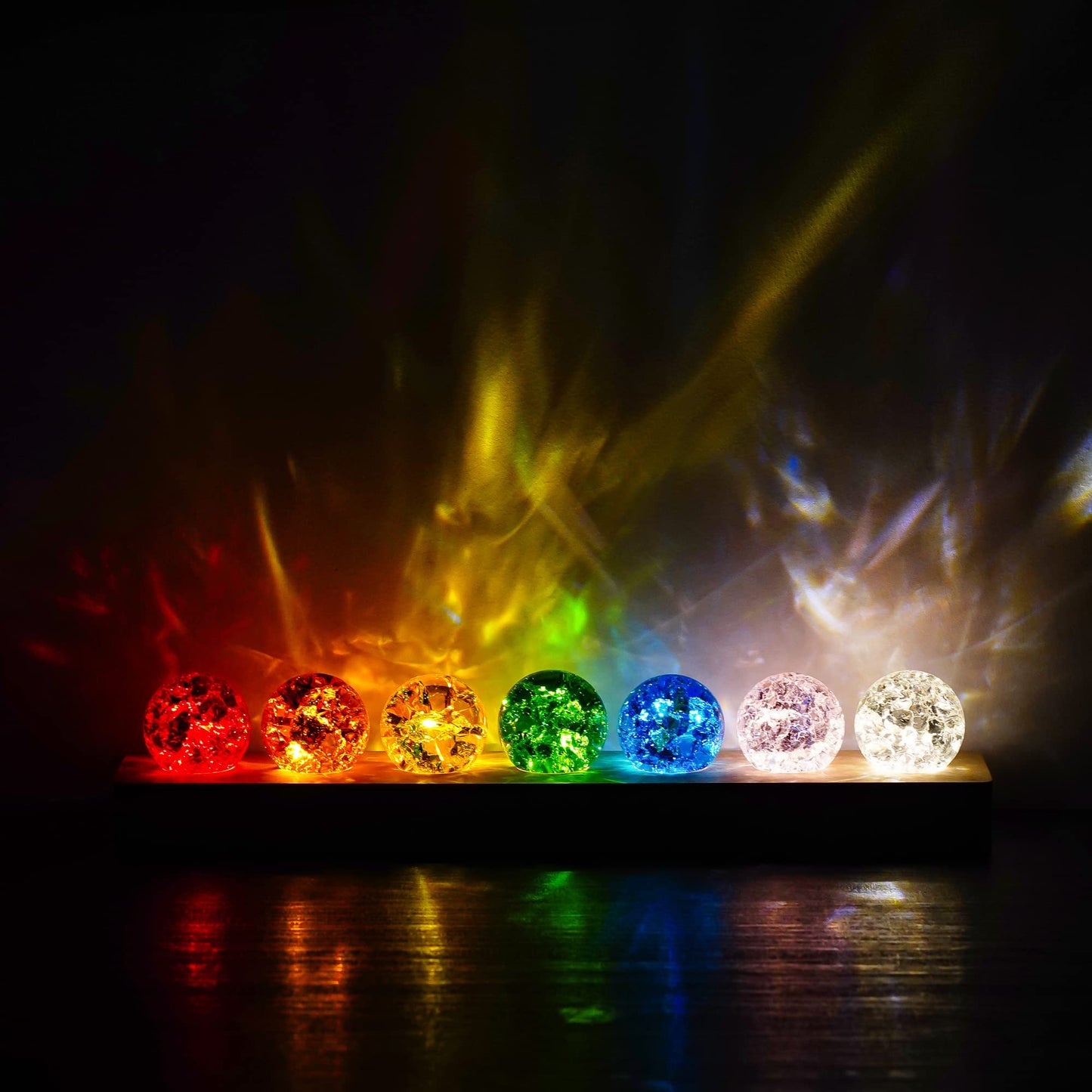 LOULIQIGIFT 7 Colors Ice Cracked Balls with LED Wooden Base 40mm Healing Sphere Balls Set Crystal Chakra Night Light Decor
