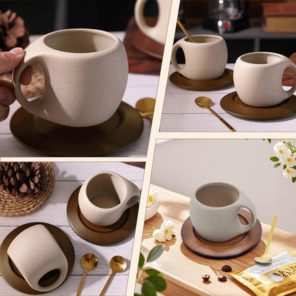 Ceramic Coffee Mug Set with Natural Wood Saucer & Spoon - 8.5 Oz Elegant Tea Cups for Latte, Hot Tea, Cappuccino, Milk - Microwave & Dishwasher Safe Cups for Men Women Birthday Christmas Gifts