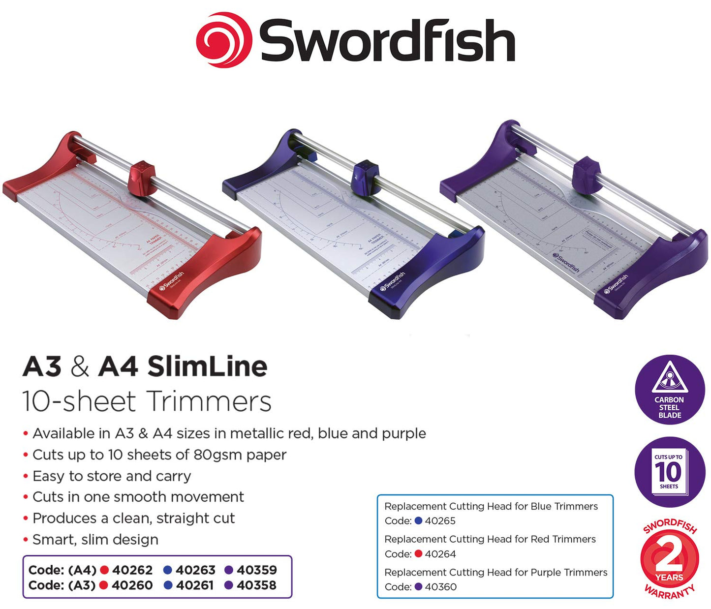Swordfish 40260 Slimline A3 10 Sheet Rotary Paper Trimmer/Guillotine - Red