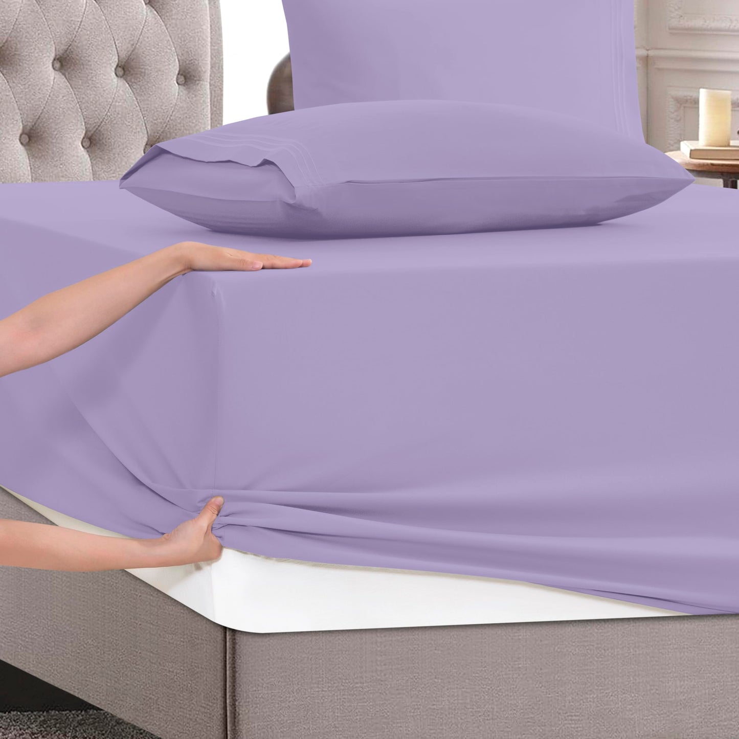 Mocassi Full Size 4-Piece Bed Sheet Set - 1800 Premium Hotel Quality Microfiber 18-24 Inches Extra Deep Pocket Fitted Sheet- Luxury Soft, Breathable, Wrinkle, and Fade Resistant, Lavender
