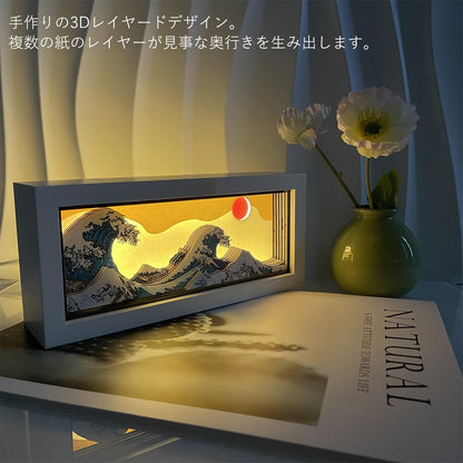 VGQ Hokusai The Great Wave 3D Paper Carving LED Night Light – Shadow Box Lamp, USB & Battery Powered Decorative Light for Bedroom & Living Room, Aesthetic Room Decor & Ideal Gift for Art Lovers