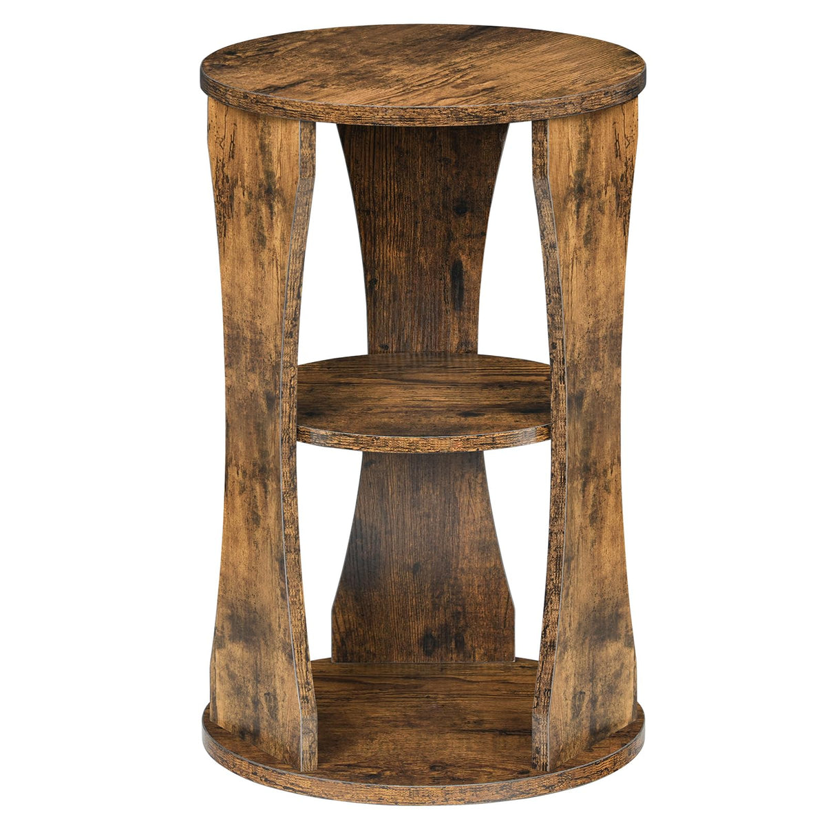 YATINEY Round Side Table, 3-Tier Wooden End Table with Storage Shelves, Drink Table for Small Spaces, Martini Table for Living Room, Bedroom, Rustic Brown ET15WL