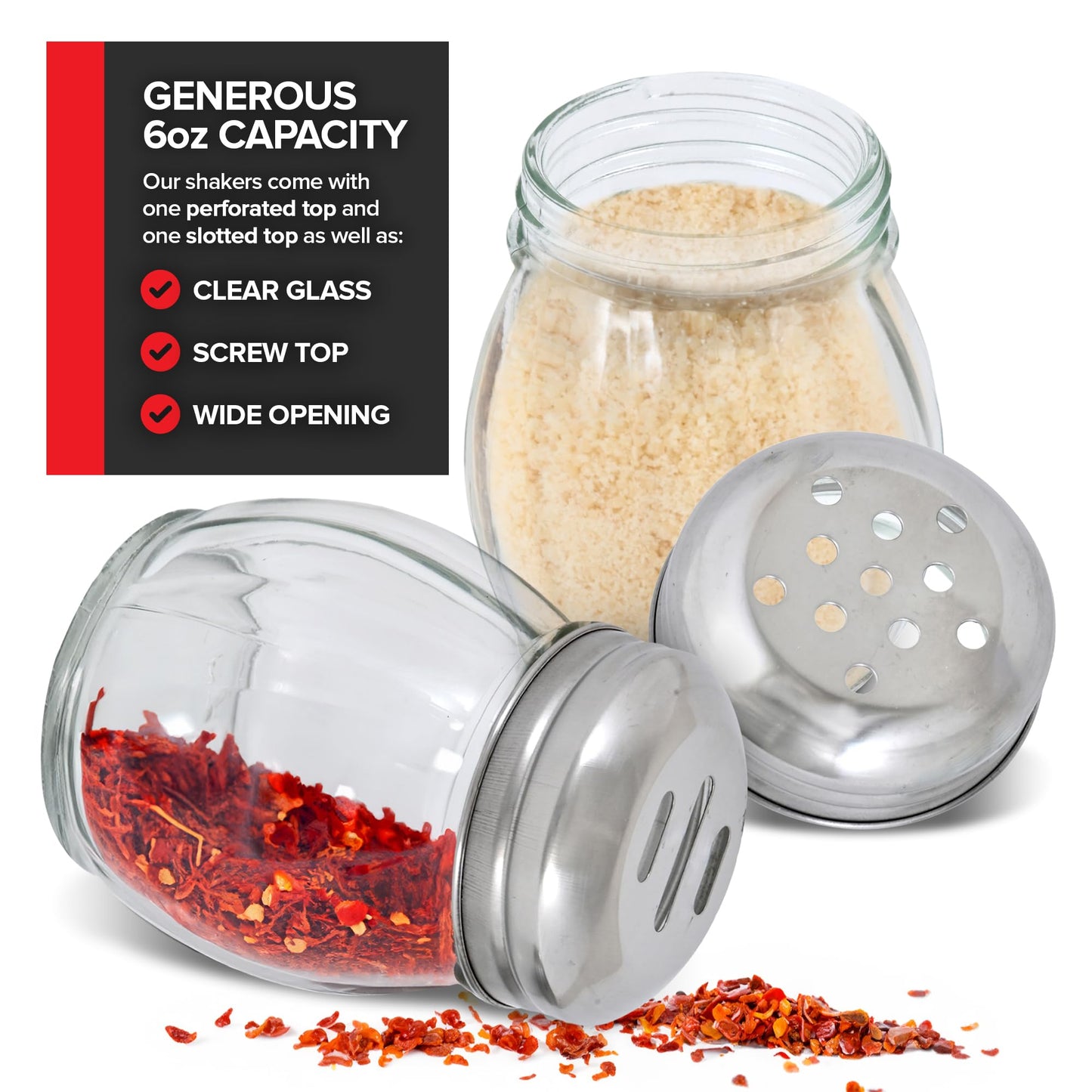 6oz Glass Spice Shaker & Cheese Dispenser Set of 4-6 Ounce with Slotted and Perforated Stainless Steel Tops - Clear Glass Grated Parmesan Cheese Shaker, Red Pepper Shaker, Shakers for Seasonings