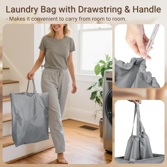 Foldable Laundry Hamper with Lid & Laundry Bag with Drawstring, Portable