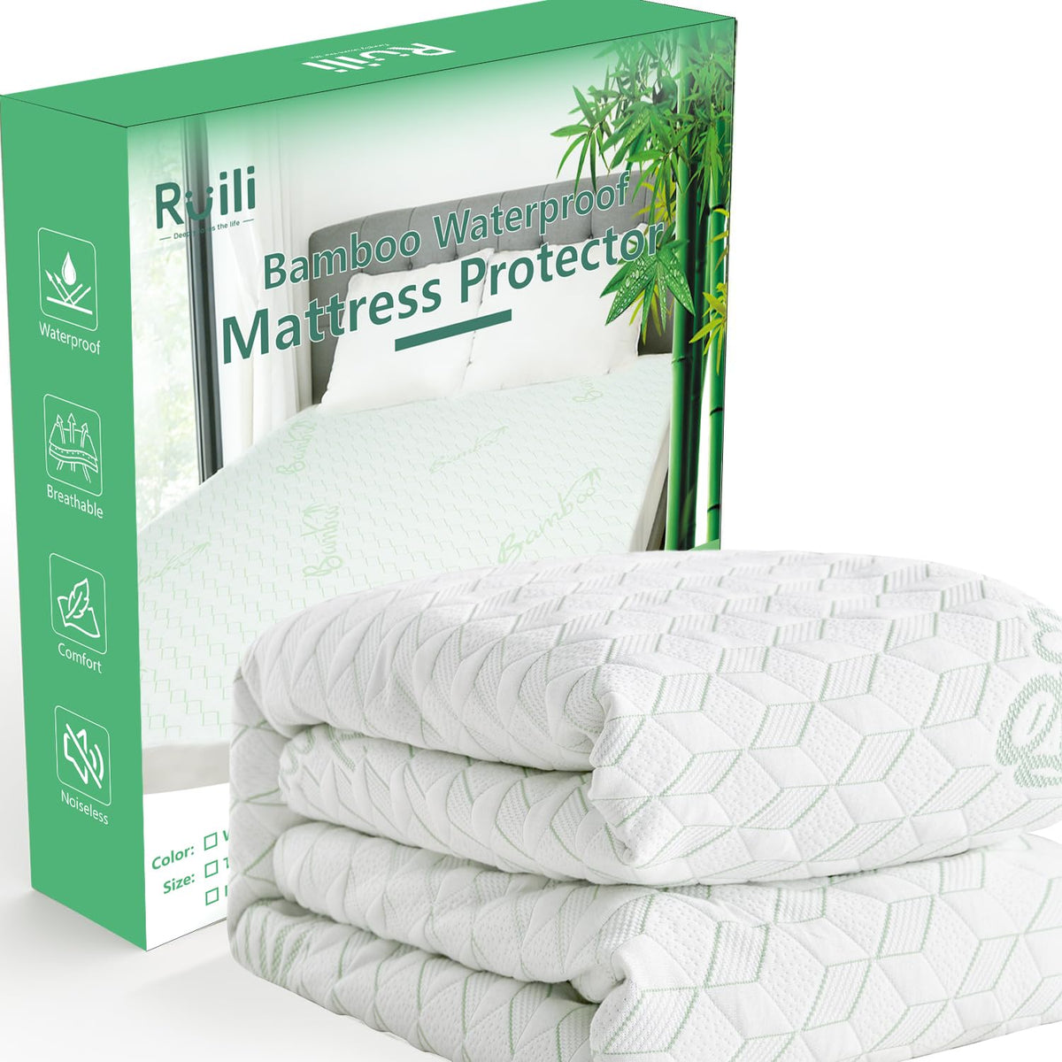 King Waterproof Mattress Protector Washable Mattress Padded Cover Rayon Bamboo Fitted King Size Bed Protection Noiseless Plastic Bed Pad Deep Pocket Up 18“ Soft&Breathable