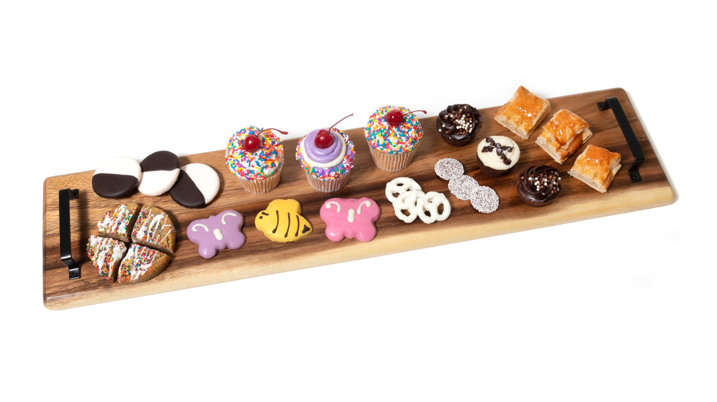 Lipper International 2031 Acacia Wood Serve Board with Black Handles for Cheese, Crackers, and Charcuterie, Rectangular 30" x 7" x 1"