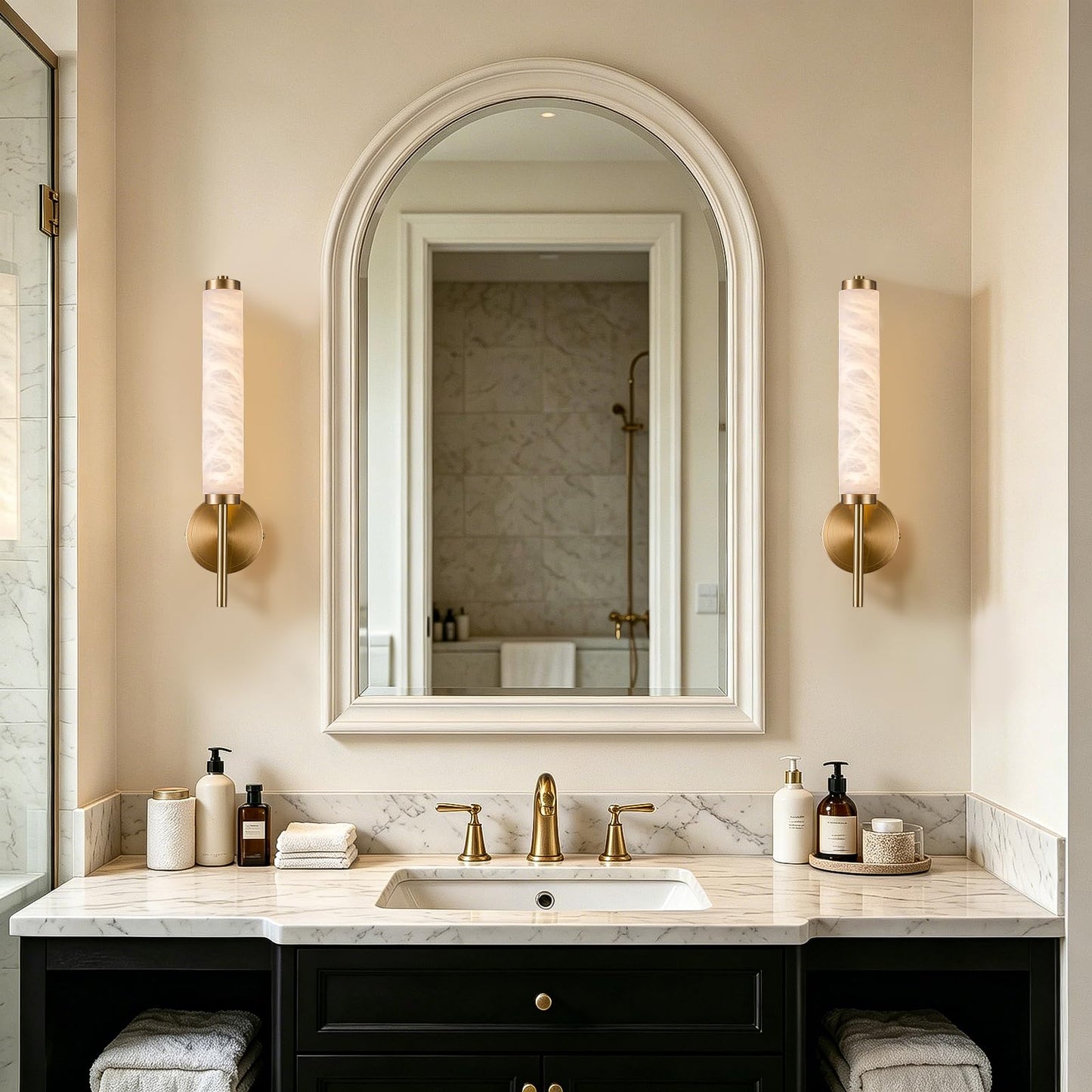 Modern Alabaster Wall Sconce, 18.9" Brass Wall Mounted Light Fixture with Cylindrical Natural Marble Shade, 3000K, LED Warm Light, Marble wall light for Bathroom Vanity, Bedroom, Living Room (Gold)