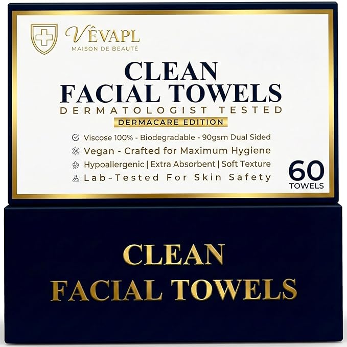 VÊVAPL® - VEVAPL Clean Facial Towels XL – 60 Towels | 100% Viscose, Disposable