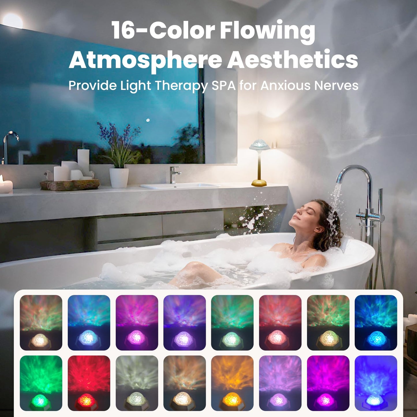 LINKOJI 4 in 1 Shower Lamp Waterproof Bathroom Lamp Ocean Wave Projector Light Northern Galaxy Light 16 Color Rechargeable Remote Control lumena Lamps for Inside Shower/Bathtub