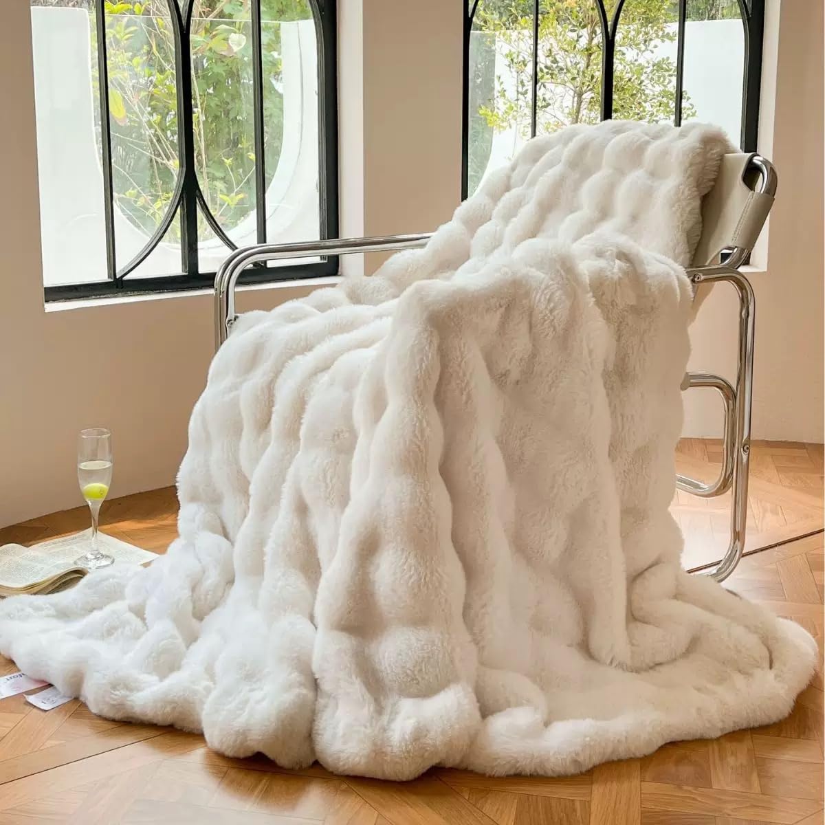 Luxury Faux Rabbit Fur Bubble Throw Blanket, Elegant White, Ultra Soft Plush 3D Bubble Design, Reversible Mink Blanket for Couch, Sofa, Bed & Living Room, 50" x 60" Gift for Women & Family