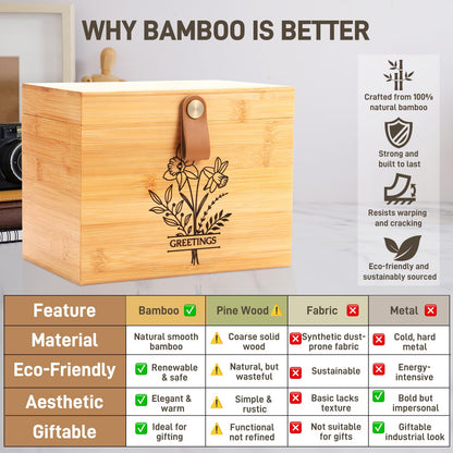 Large Bamboo Greeting Card Organizer Box with 6 Removable Dividers, Real Leather Handle, 100% Handmade Solid Bamboo, Storage Box for Christmas, Valentine, & Birthday Cards, Postcards, Stationery