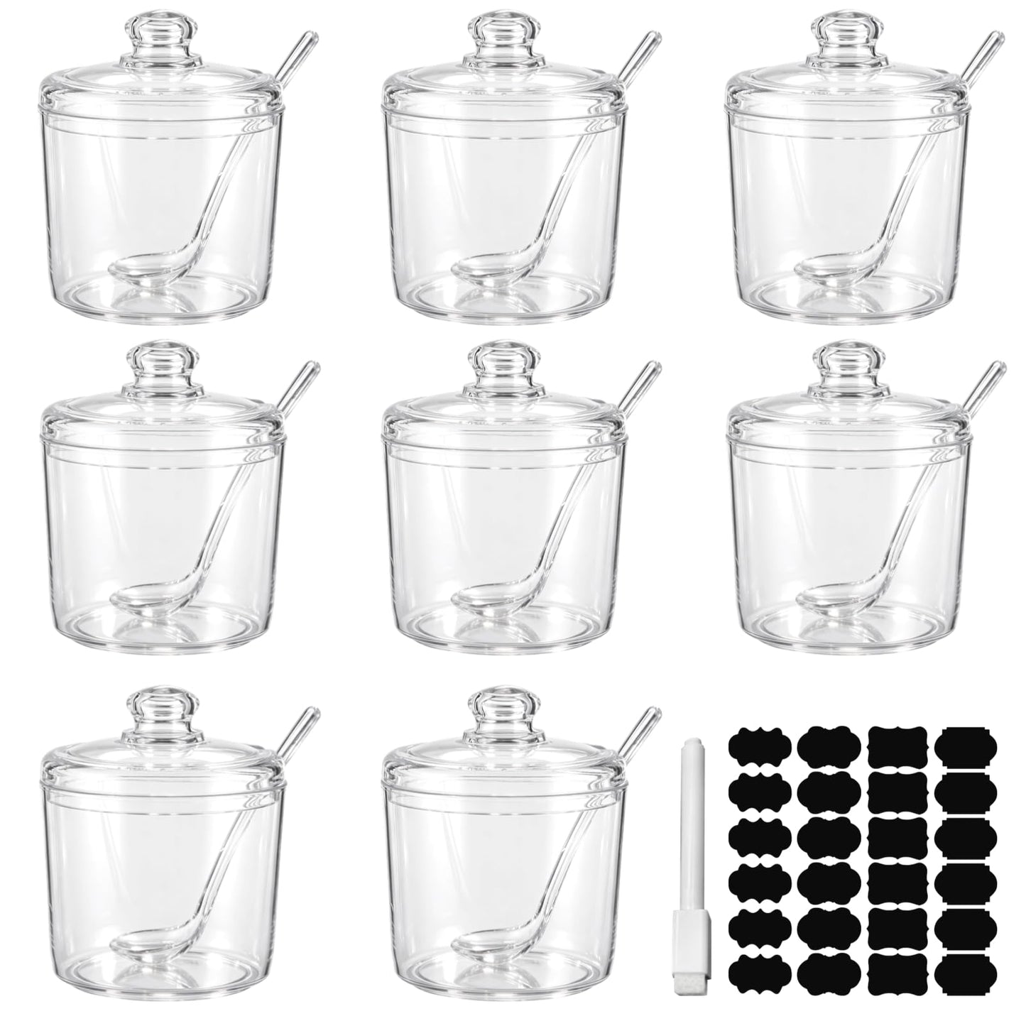 Homaisson 12 PCS Ice Cream Topping Containers with Lids - 10.8 oz Clear Sugar Bowl for Countertop with Lid and Spoon, 320 ml Canisters with 24 Labels & Pen for Coffee Tea Tea Spice