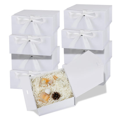 OEMVALATY 8-Pack Gift Boxes,9x9x4 Inch Magnetic Gift Boxes with Lids for Presents,White with Ribbon, Bridesmaid Proposal Box for Wedding, Storage, Birthday