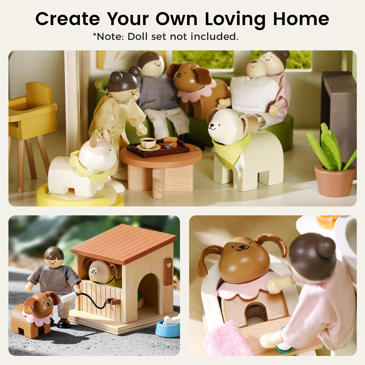 Tiny Land Wooden Dollhouse Animal Set for Toddlers, Dollhouse Accessories & Dolls House Furniture Sets for Toddlers, Montessori Pretend Play Family Pets Set Toys, Gift for Kids Age 3+