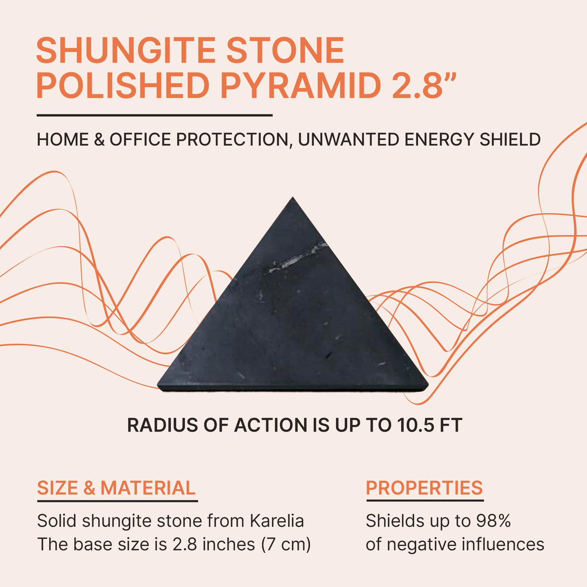 Authentic Shungite Pyramid Polished 2.8"(7cm), Premium Protection Crystals for House & Office, Karelian Black Stone Energy Pyramid for Root Chakra Meditation, Grounding & Negative Energy Blocker