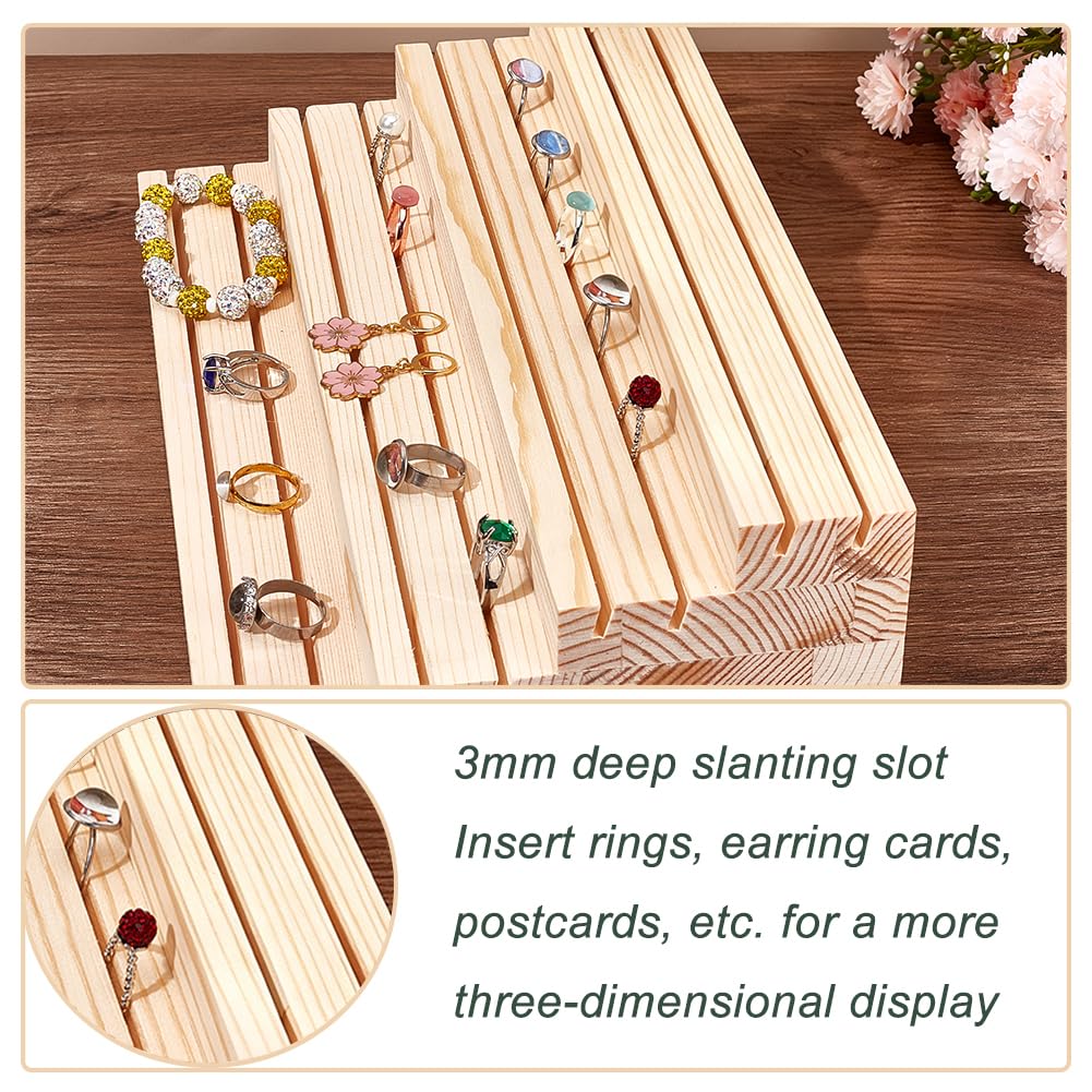 NBEADS 4-Tier Wood Jewelry Display Stand, Wooden Earring Organizer Holder with Grooves Jewelry Showcase Rack for Rings Earring Display Photo Home Decorations