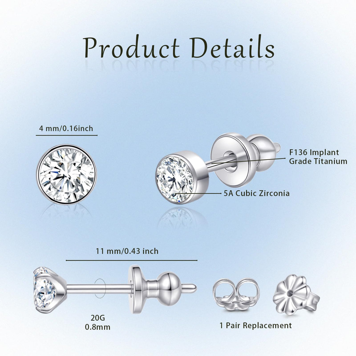Limerencia G23 Pure Titanium Earrings F136 Implant Grade Titanium Studs 20G Hypoallergenic Round Cubic Zirconia/Princess-Cut/Square/Ball Earrings for Women Men Sensitive Ears(4mm Round CZ)