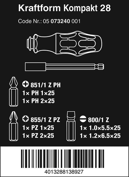Wera 073240 Kraftform Kompakt 28 Screwdriver Bit Set,Multi-colour,0.25 inches