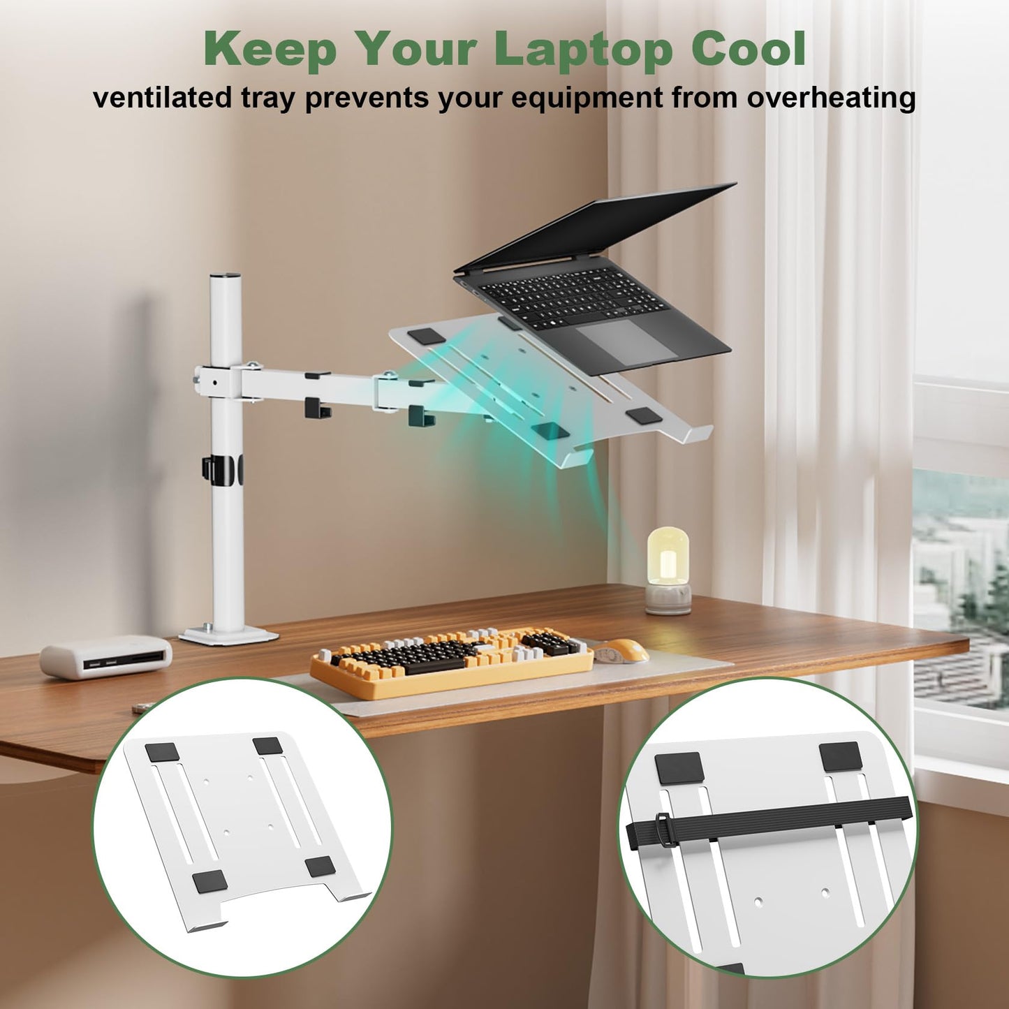 Laptop Desk Mount, Single Laptop Stand Arm with Vented Tray for 17 inch Notebook or 14”-32” Monitor, Holds up to 17.6 lbs, Fully Adjustable, Clamp/Grommet Mounting, VESA 75/100mm