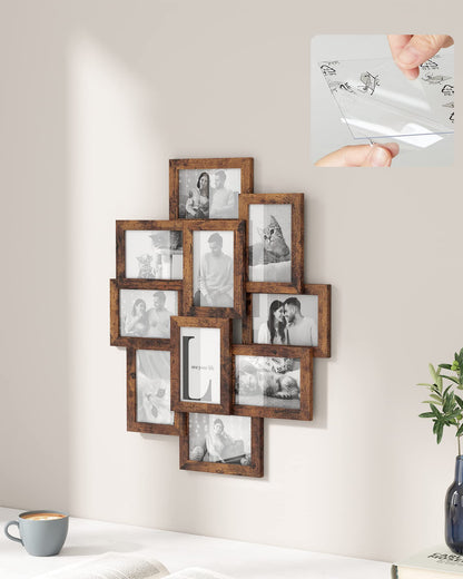 SONGMICS Collage Picture Frames, 10 Frames for 4x6 Photos, Collage Photo Frames for Wall, Multi Frames, Wall Decor, Rustic Brown RPF020X01