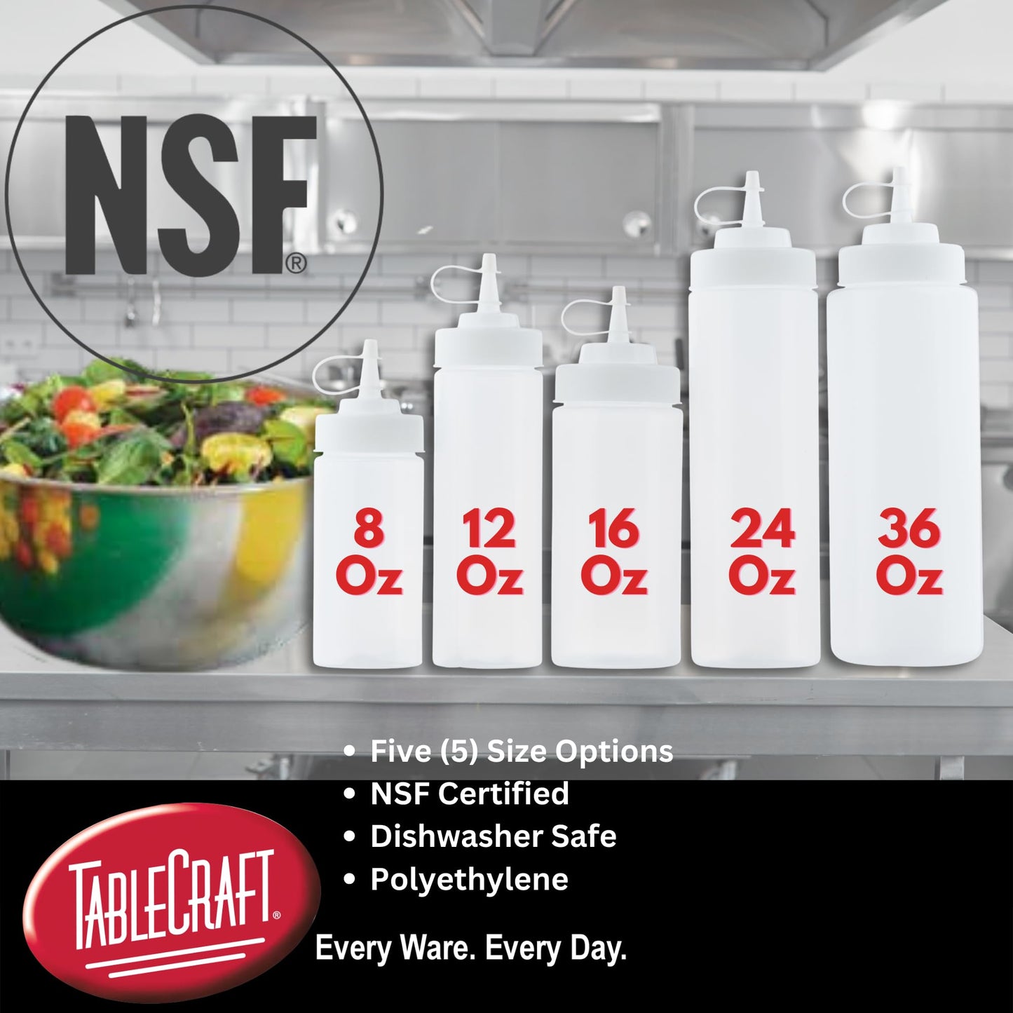 TableCraft 12633 Widemouth Condiment Squeeze Bottles, 63 mm Opening, Cone-Tip Top, Tethered Cap, Clear Sauce Dispensers for Food Prep, 24 oz (710 mL), NSF, Made in USA, Pack of 6,2.75"x2.75"x10.375"