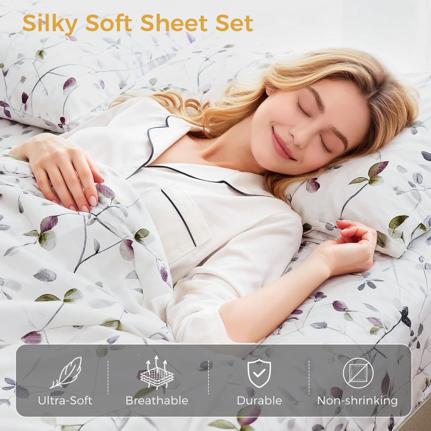 Tokokimo Floral Sheets Set King Size, 16 inches Deep Pocket Fitted Sheet, Flat Sheet & Envelope Closure Pillowcases, Soft Breathable Microfiber Sheet Set 4-Piece, White Leaf Floral