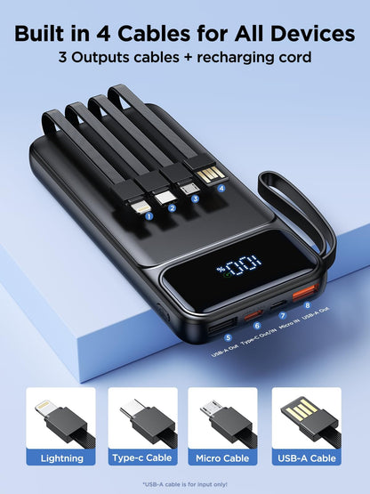 Power Bank, Portable Charger with Built in Cable 22.5W Fast Charging Battery Pack 10000mAh Slim 6 Outputs 3 Inputs LED Display Phone Charger for iPhone Samsung Pixel Moto iPad Travel Essential Gift