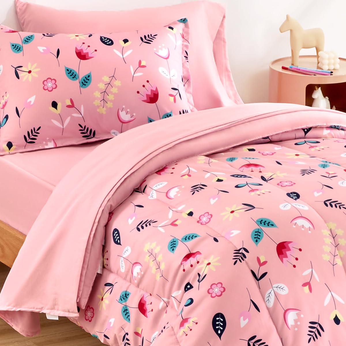 SLEEP ZONE Kids Twin Bedding Comforter Set - Super Cute & Soft Kids Bedding 5 Pieces Set with Comforter, Sheet, Pillowcase & Sham (Pink Flower)