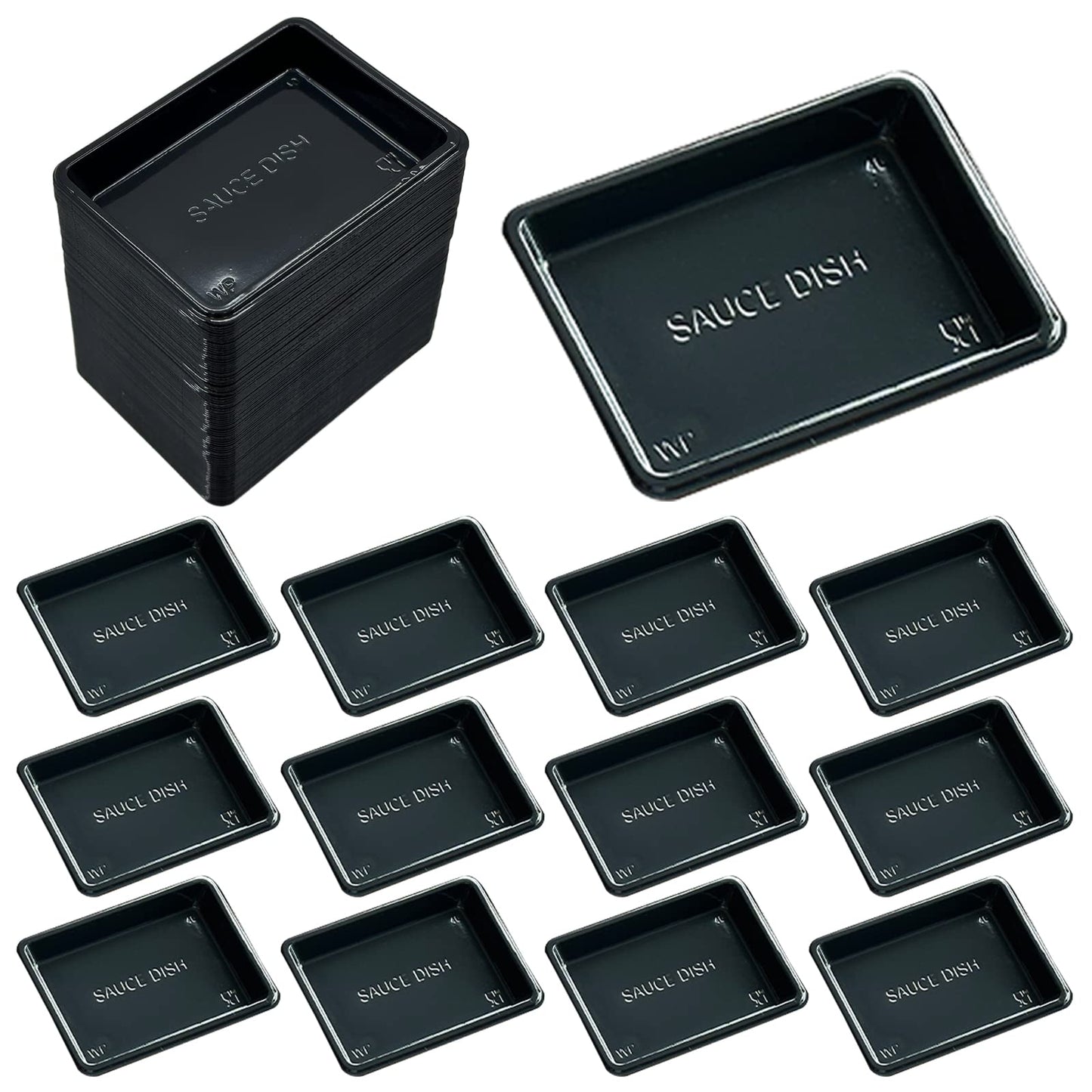 Xanadued 100 Pcs Plastic Disposable Sauce Dishes, Dipping Soy Sauce Seasoning Plate Bowls, Mini Condiment Appetizer Tray for Sushi Soy Mustard Vinegar Ketchup BBQ,Black Rectangle