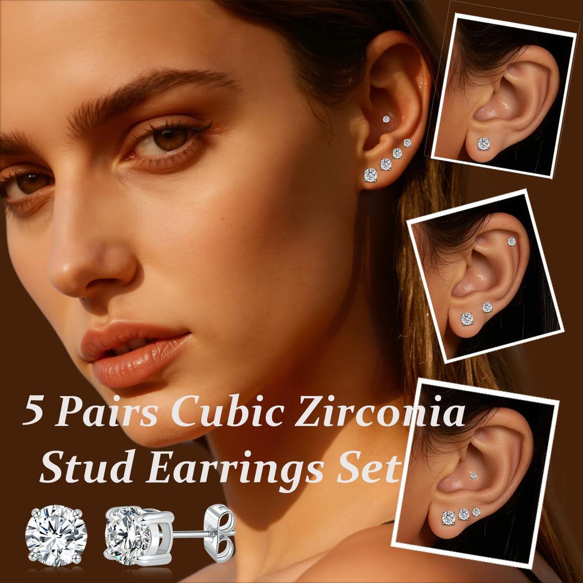 Gemsme Princess Cut Cubic Zirconia Stud Earrings for Women/Men - 5 Pairs 18K Gold Plated Hypoallergenic 3-7mm Round Clear CZ Earring Set - White Gold