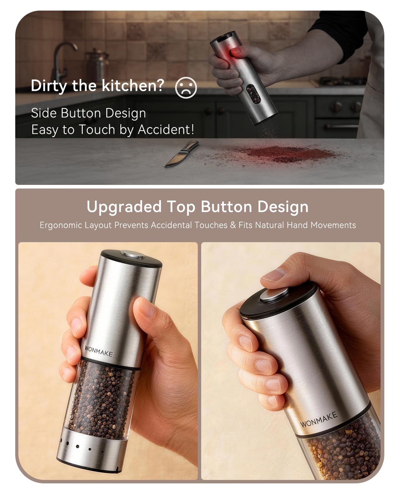 Electric Salt and Pepper Grinder Set, Stainless Steel Salt and Pepper Shakers with Storage Base, Type-C Rechargeable with Power Display, 5 External Coarseness Levels for Easy One-Hand Operation
