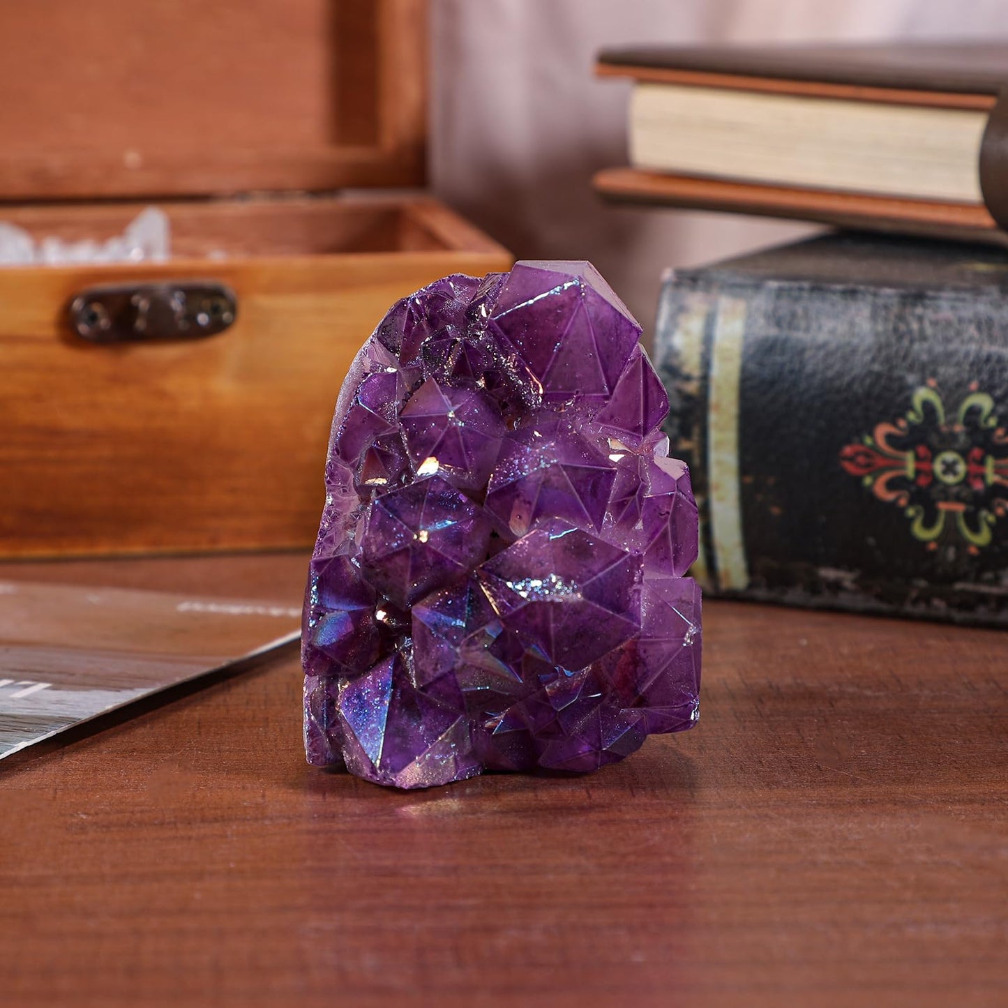 SUNYIK Purple Titanium Coated Rock Quartz Crystal Cluster Upright Natural Raw Rough Stone Mineral Specimen for Tabletop Decor Healing Meditation