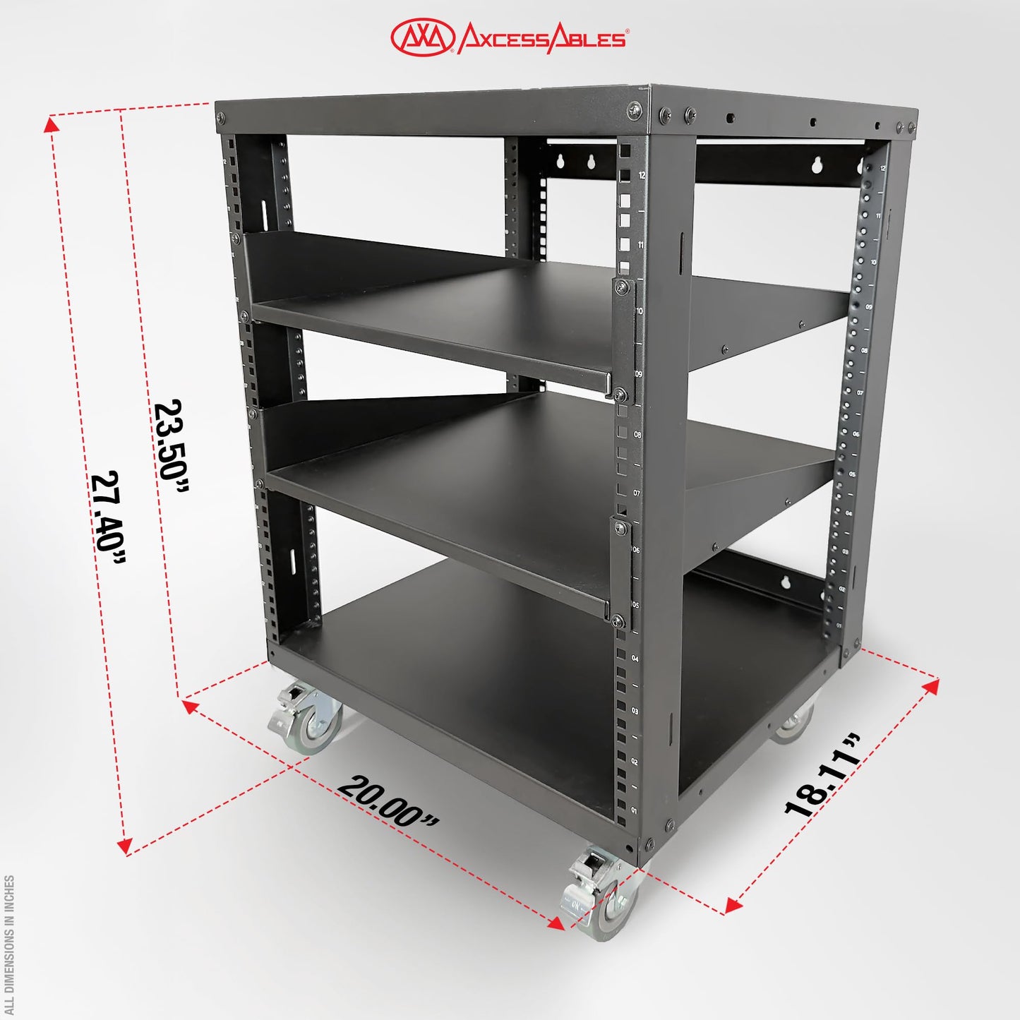AxcessAbles 12U Open Frame Network & AV Rack with Caster Wheels, Two 2U Shelves, 10-32 & Cage Nut Compatible Rails, Cage Nuts, Screws, Cage Nut Tool & Wall Mount Kit | 19-Inch Rack
