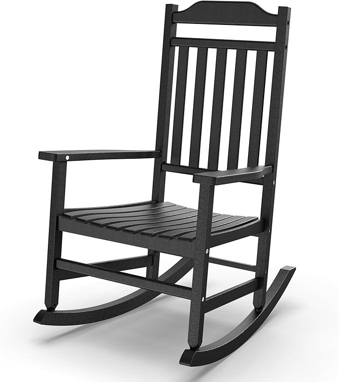 Patio Rocking Chair Outdoor Set of 1,Weather Resistant Poly Resin Oversized Porch Rocker,High Back Smooth Design,350lb Weight Capacity,Indoor Outdoor Use