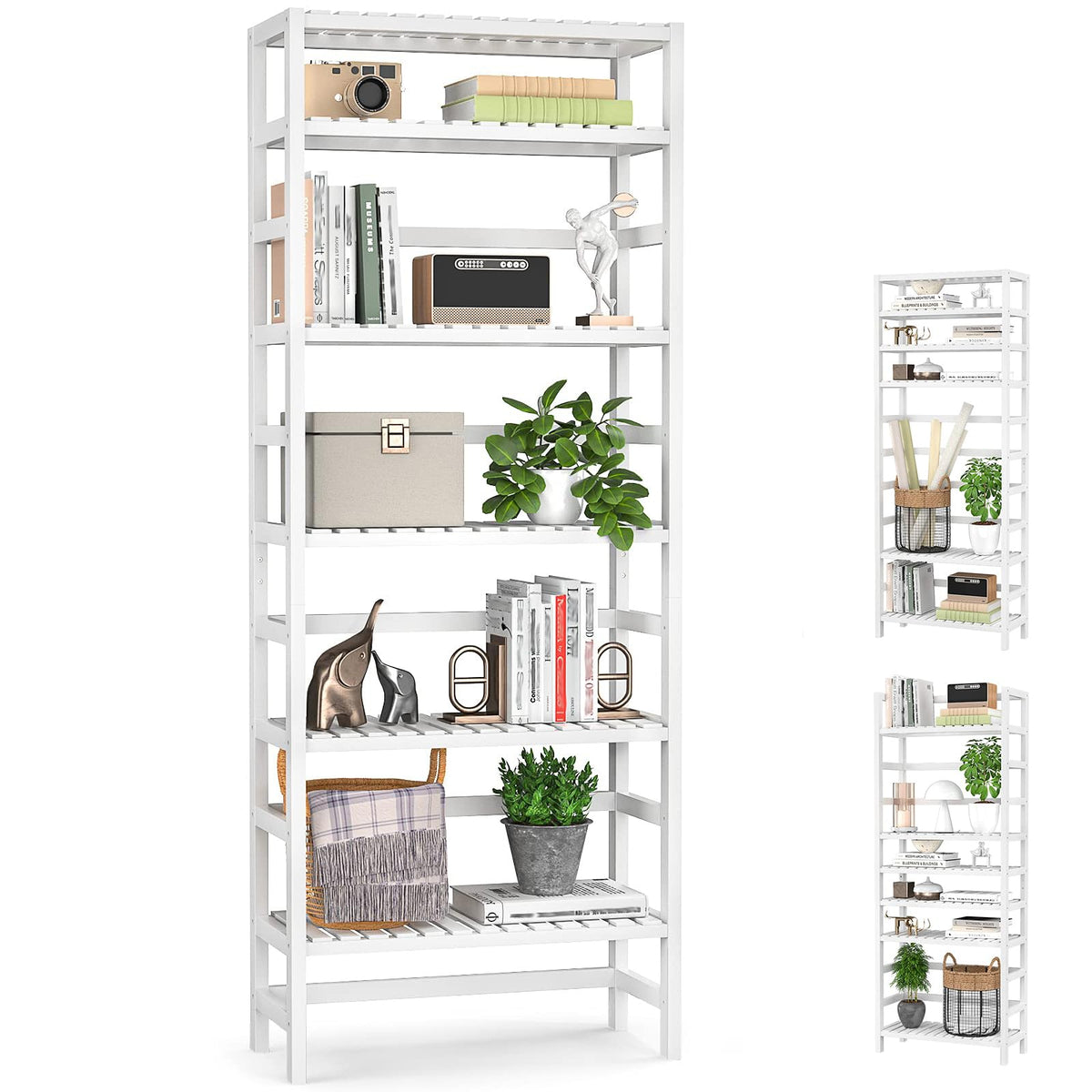 Homykic 6-Tier Bamboo Bookshelves and Bookcases, Adjustable 63.4”Tall Shallow Book Shelf Organizer Rack, Freestanding Storage Shelving Unit for Living Room, Kitchen, Bathroom, Office, White