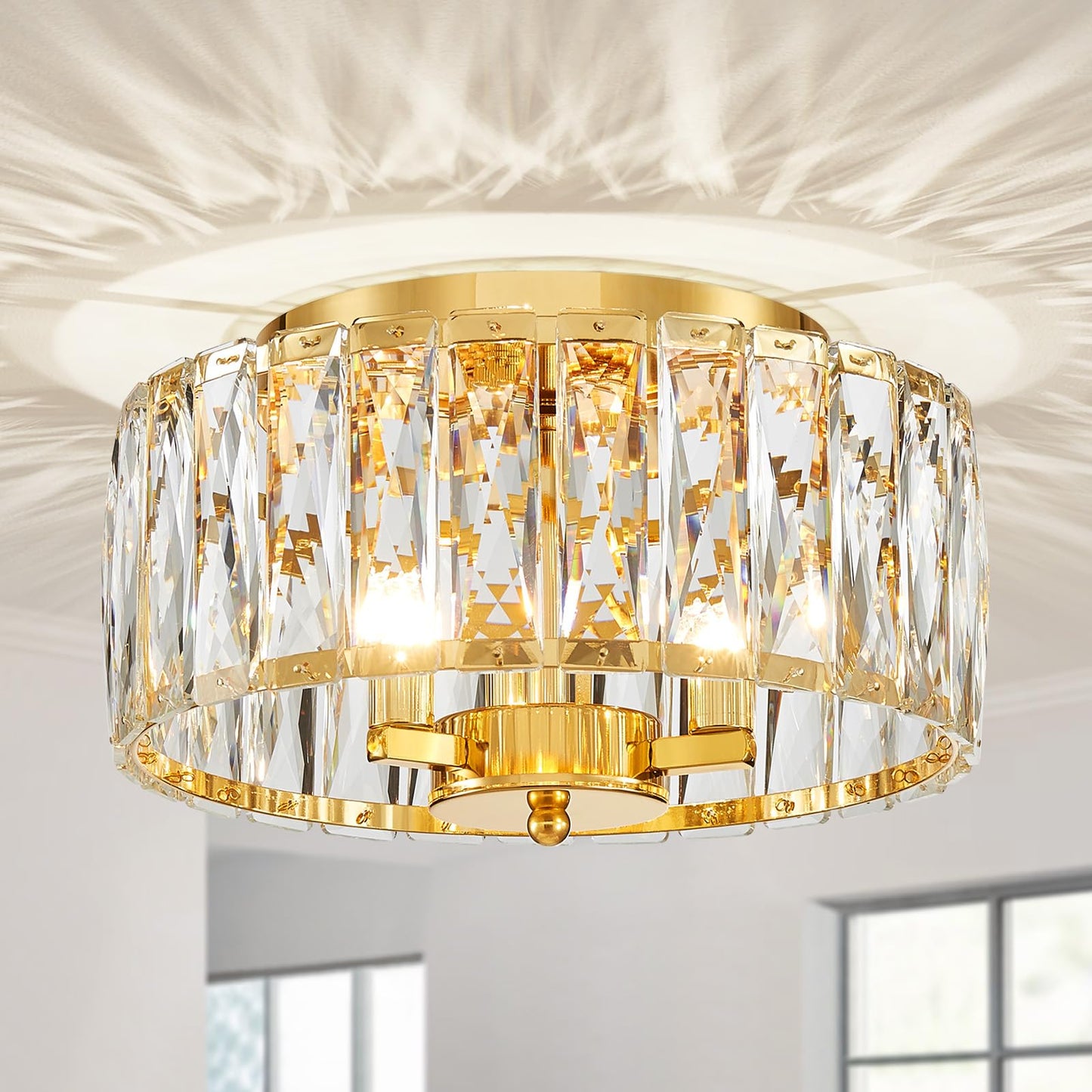 ElegLumi Crystal Ceiling Light, 3-Light Modern Flushmount Ceiling Light for Living Room, Dinning Room Hallway, D12xH9inch, Gold Finish Frame & K9 Crystal