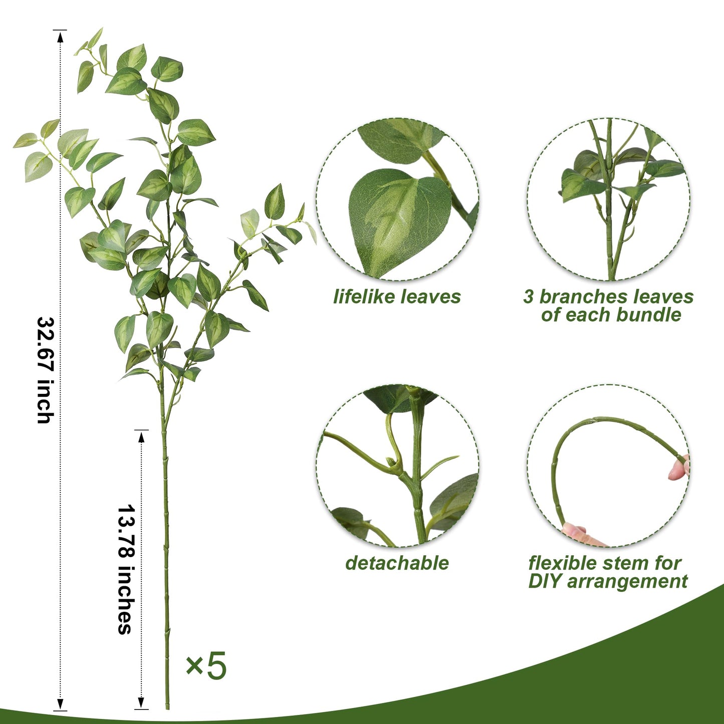 HyeFlora 5PCS Artificial Eucalyptus Leaves Stem Plants for Spring Decor, 32.7 inch Fake Leaves Greenery Branches Green Shrubs Silk Faux Foliage DIY Stems for Festival Home Kitchen Farmhouse(Green)
