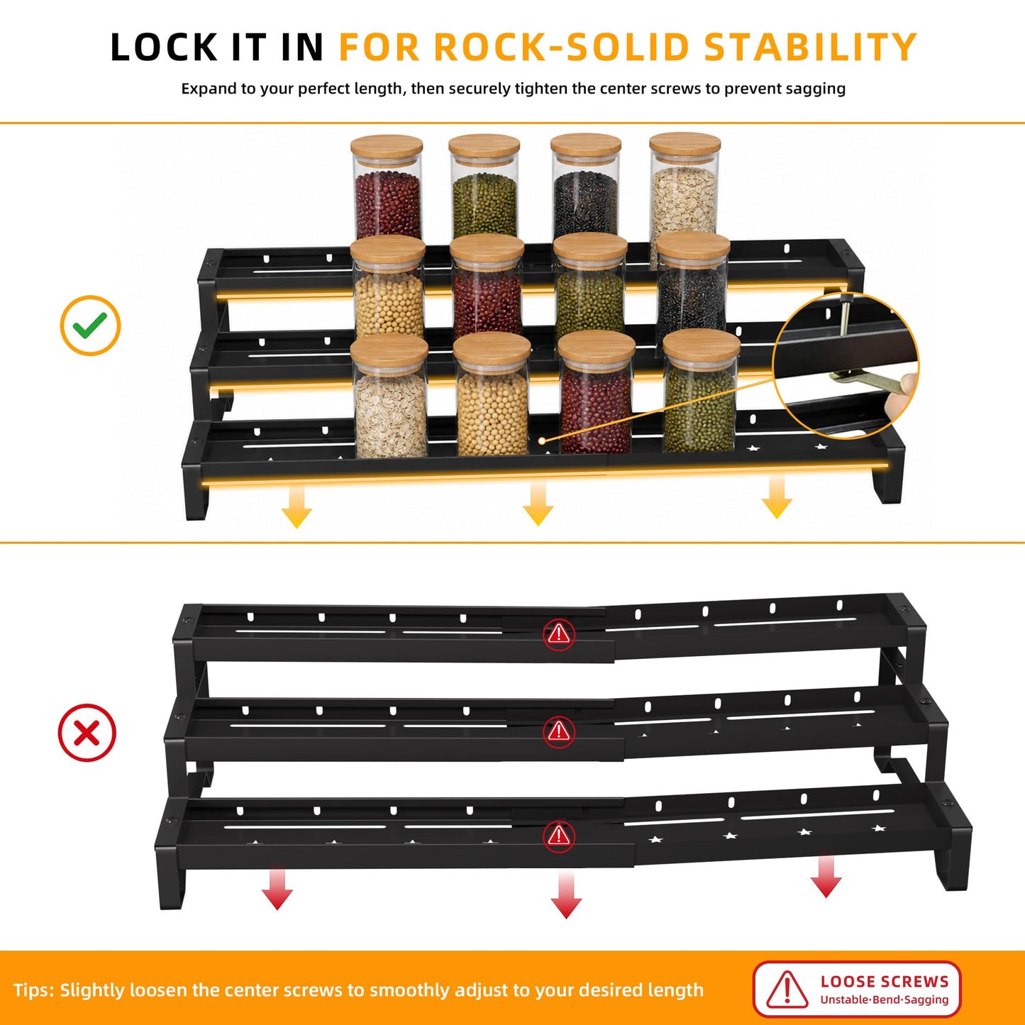 PEEKUP 3-Tier Spice Rack Organizer, 13"-21.5" Expandable Spice Organization Shelf, Metal Seasoning Organizer for Kitchen Countertop or Pantry, Slip-Resistant Design for Jars and Bottles, Black