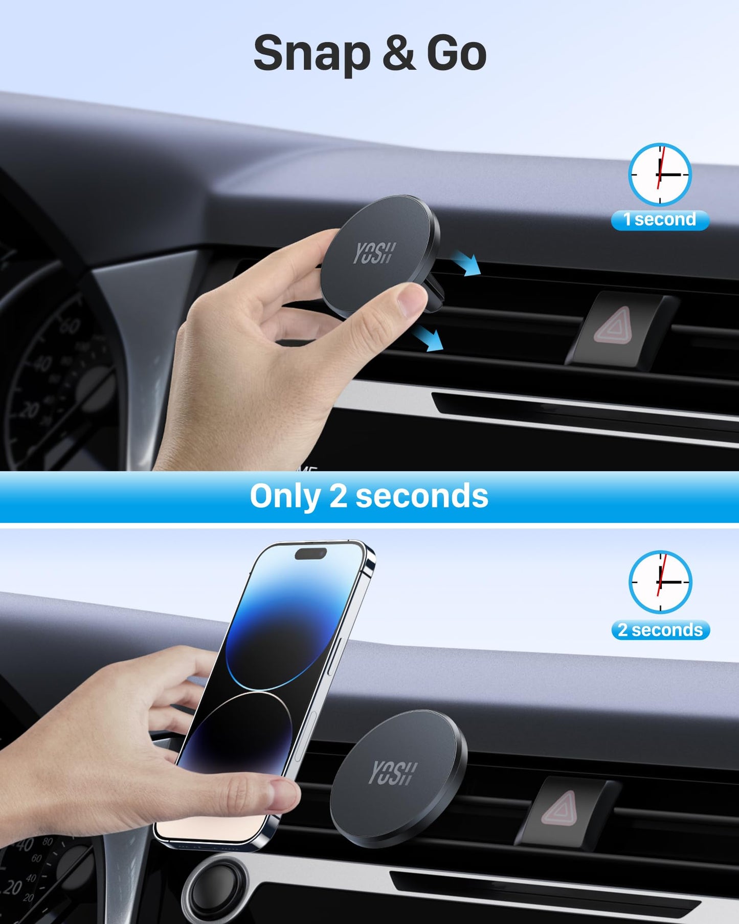 YOSH for MagSafe Car Mount, Magnetic Phone Holder for Car Vent, [1s Installation & Full Rubber Protection], N55 Magnets for iPhone 17/16/15/14/13/12, Fits MagSafe Cases, No Metal Plate Needed