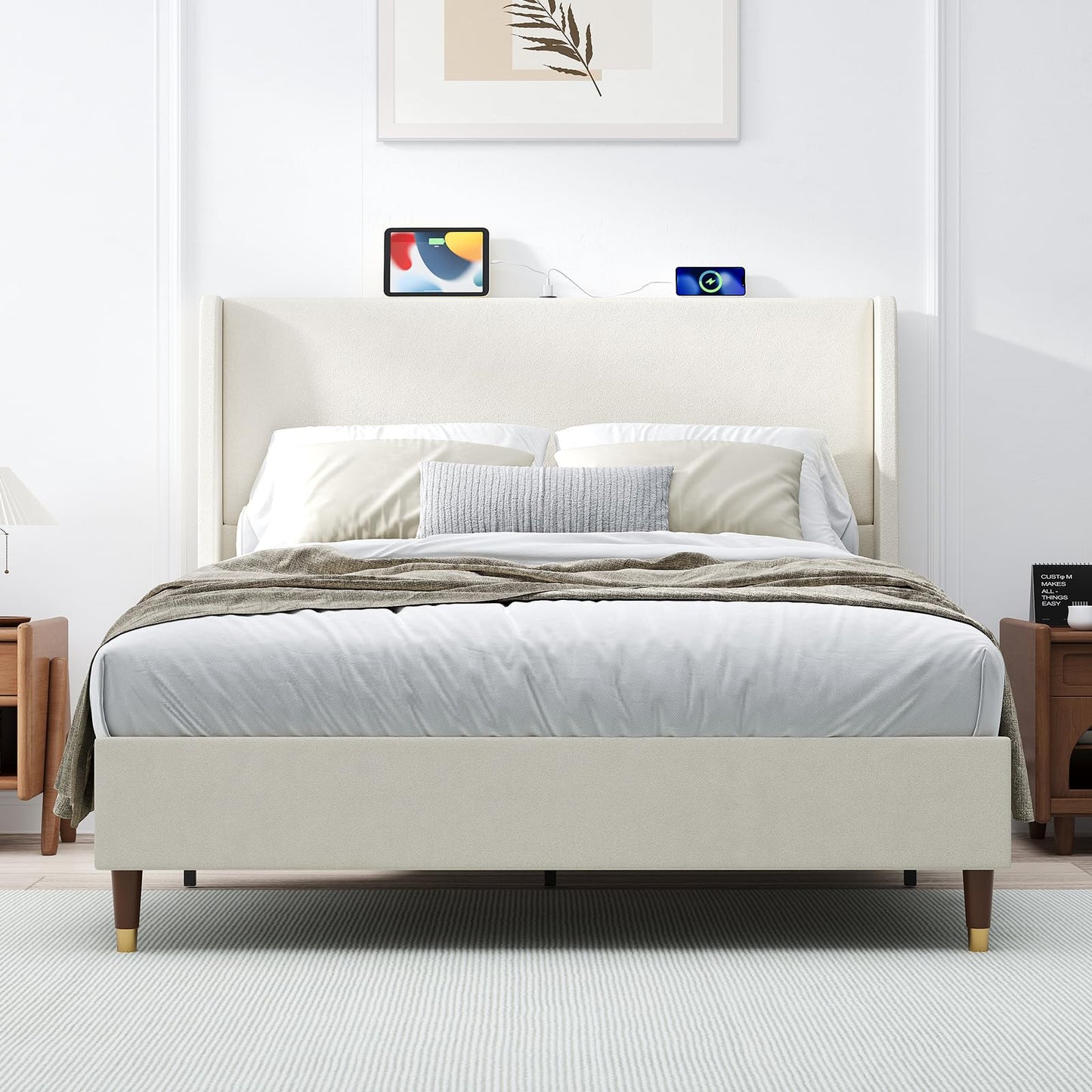 MALOL Queen Size Bed Frame with Upholstered Headboard, Linen Fabric Platform Bed Frame with USB Charging Ports, No Box Spring Needed, Sturdy Metal Support, Noise Free, Modern Bedroom Furniture,White
