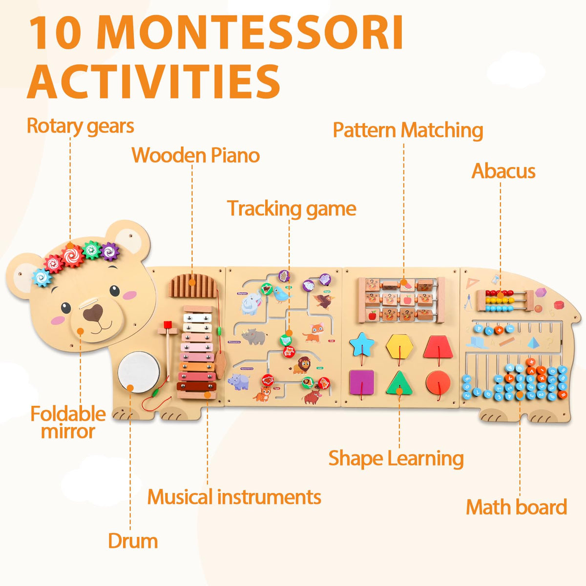 5FT Large Bear Activity Wall Busy Board Wooden Sensory Wall Panel Educational Montessori Toys for Toddler Kids Interactive Sensory Activity Board Learning Center Playroom Daycare Nursery Decor