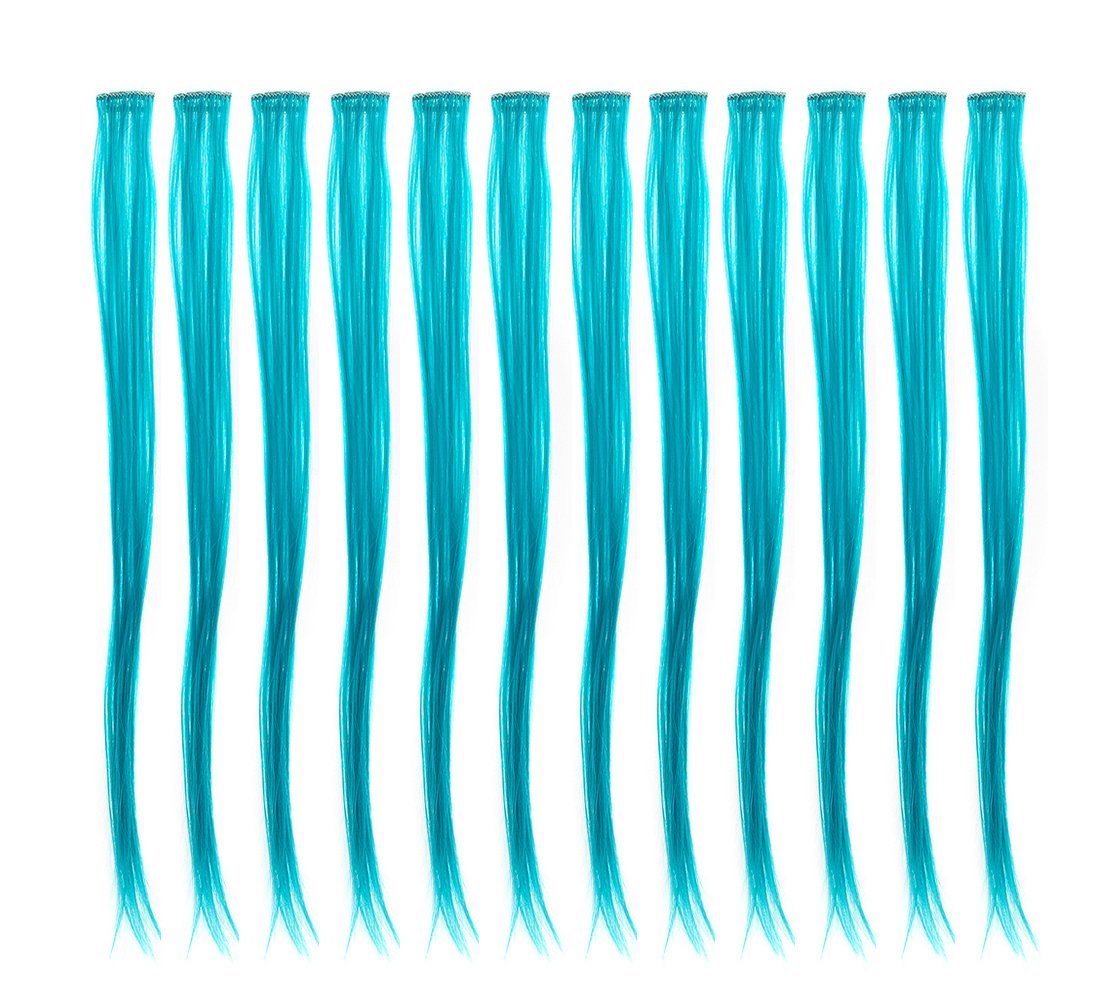 SWACC 12 Pcs Straight One Color Party Highlights Clip on in Hair Extensions Colored Hair Streak Synthetic Hairpieces (Teal Blue)