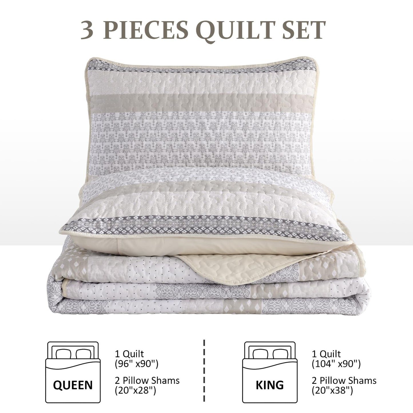 WONGS BEDDING Beige Quilt King Size, Bohemian Stripe Quilt Sets 3 Pieces Boho Quilted Bedspread Set Lightweight Microfiber Coverlet Bedding Set All Season (104"x90")